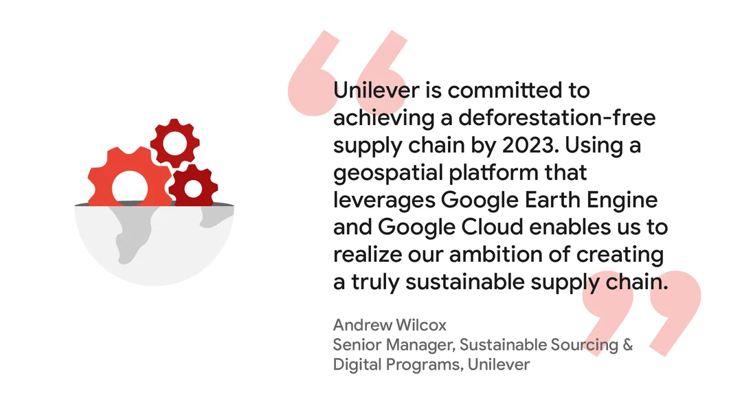 Graphic of a quote from Andrew Wilcox, Senior Manager, Sustainable Sourcing & Digital Programs, Unilever: "Unilever is committed to achieving a deforestation-free supply chain by 2023. Using a geospatial platform that leverages Google Earth Engine and Google Cloud enables us to realize our ambition of creating a truly sustainable supply chain."