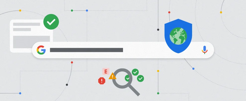 An illustration showing a Search bar with a shield icon, magnifying glass and ticks and warning signs to represent the searching process on Google.