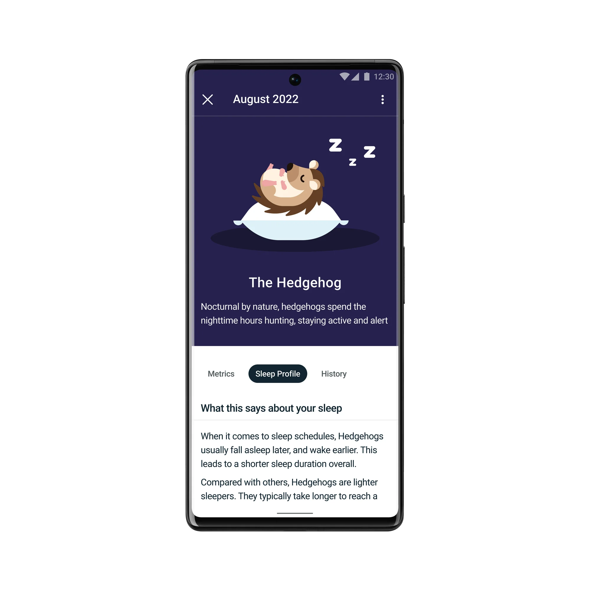 Fitbit premium in-app screen picturing a sleeping hedgehog with explanations of the sleeper type.