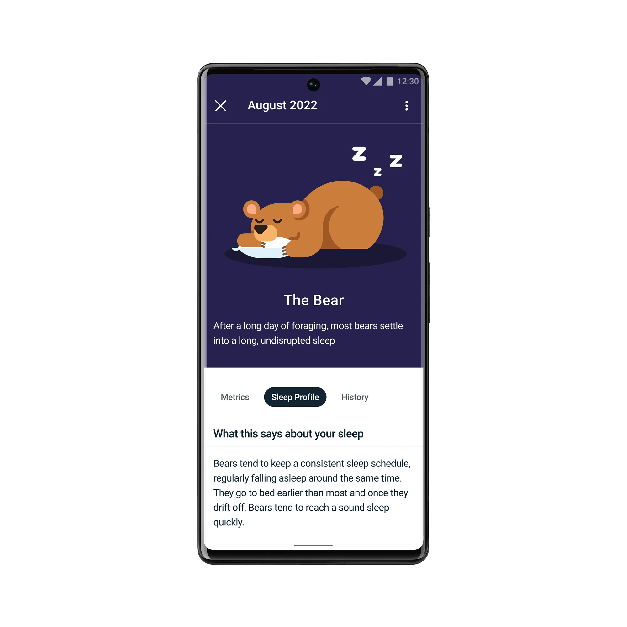 Fitbit premium in-app screen picturing a sleeping bear with explanations of the sleeper type.