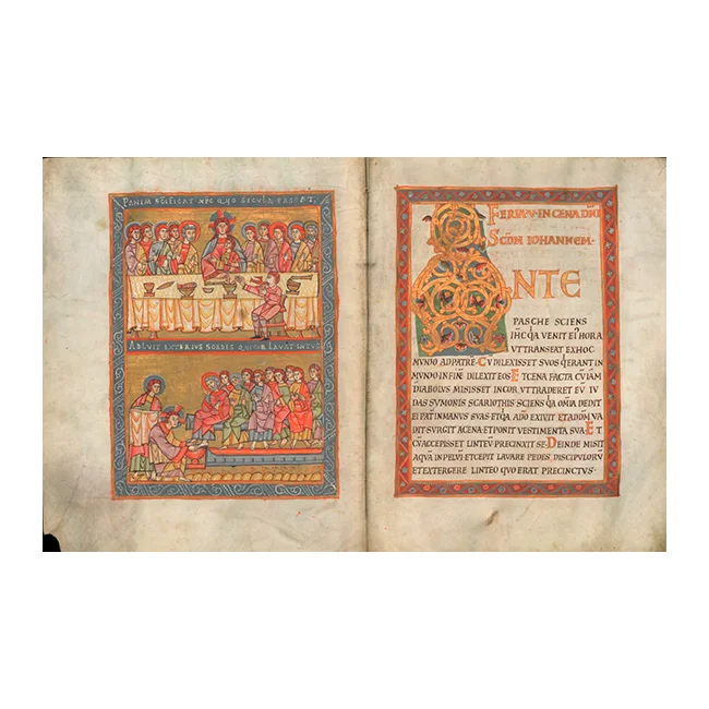 Codex Vyssegradensis (signature XIV A 13) is perhaps the most important and valuable manuscript kept in the Czech Republic. Two pages with elaborate medieval illuminated manuscript, featuring decorative script, ornate initial letters, and intricate border designs.