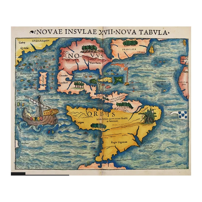 Hand-coloured woodcut map of the New World by Sebastian Münster, first printed in 1540. Old world map of the Southeast Asian region with decorative elements, including a ship and a sea serpent.