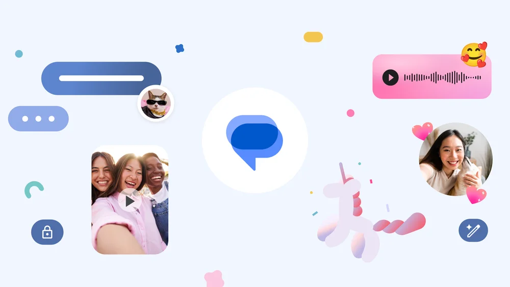 Shows happy people and new Google Messages features, including Voice moods, Photomoji, Screen effects, profiles, RCS features and rewrite pencil icon.