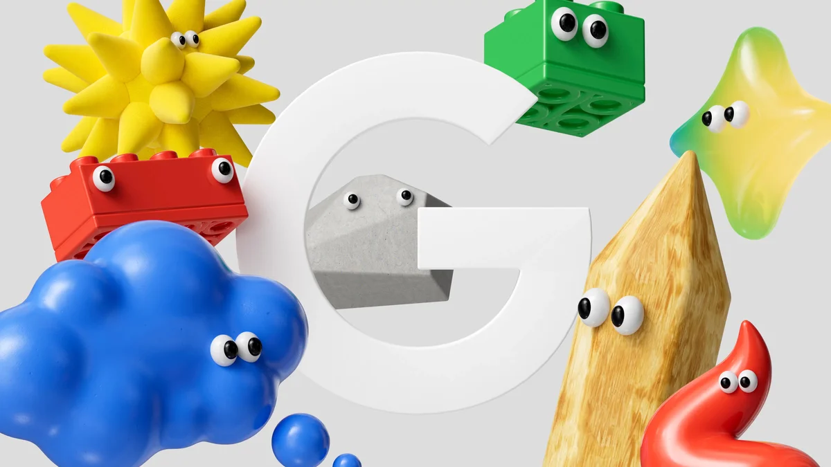 A white G floats in a gray space with several 3D animated characters in the Google colors.