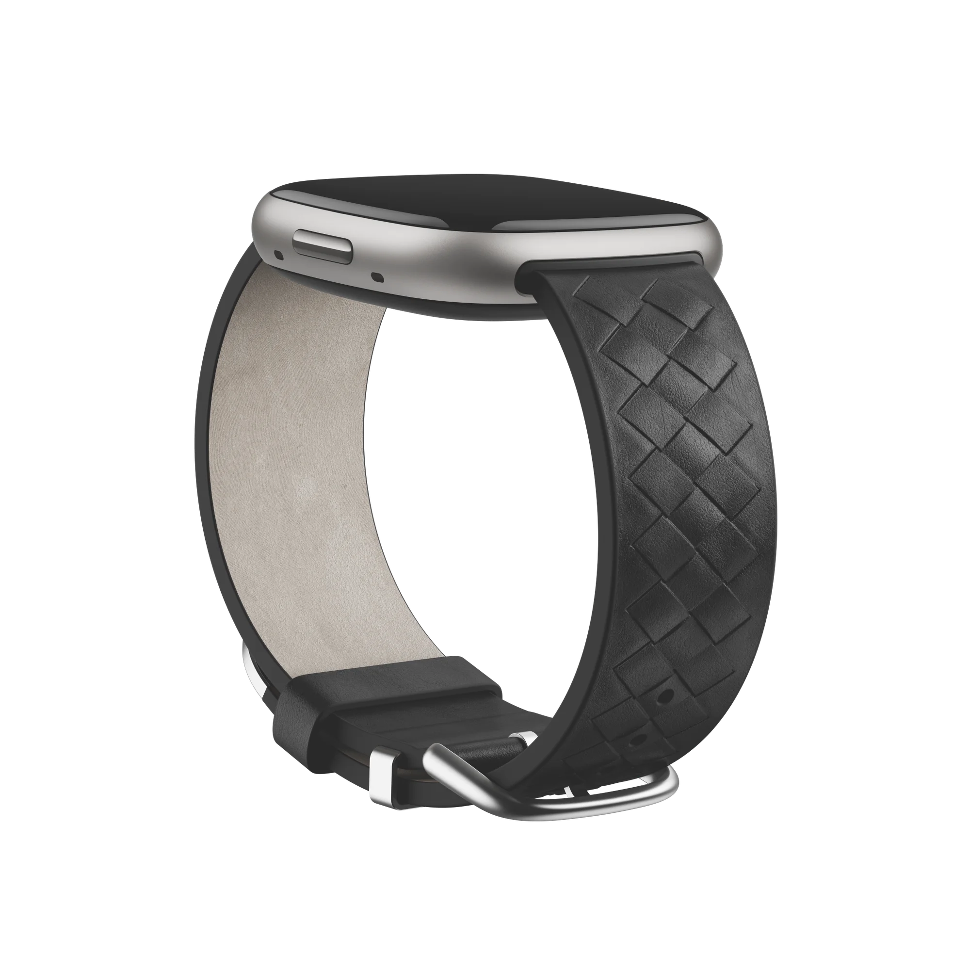 A close-up image of the new Brother Vellies woven leather accessory band in black for Fitbit Sense 2 and Versa 4.