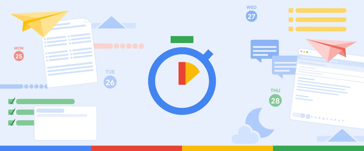 Illustration of various Google product icons: Docs checklist, Chrome browser, chat icons, Google Calendar dates, alongside drawings of paper airplanes, a moon and clouds, and in the center an abstract illustration of a time.