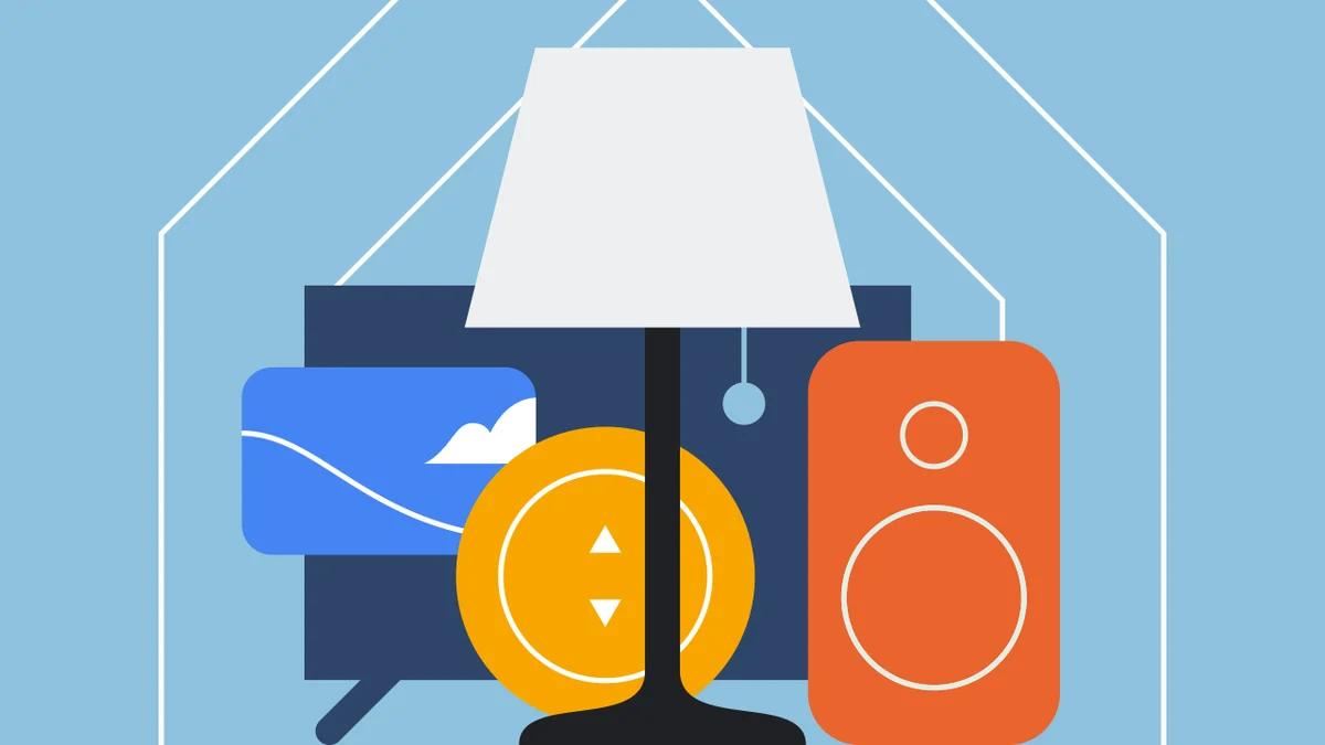 Abstract illustration of smart home products including a television, a thermostat, a lamp and a remote.