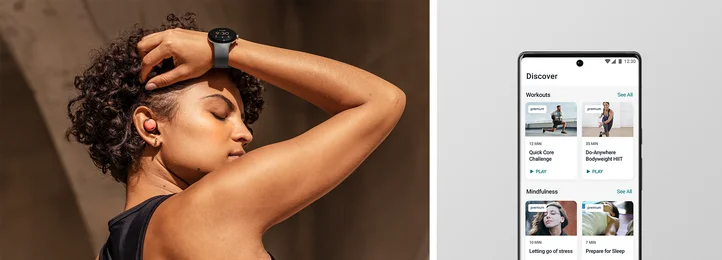 Woman wearing a Google Pixel Watch while running her fingers through her hair (left) and a phone screen displaying Fitbit Premium workout and mindfulness sessions (right).