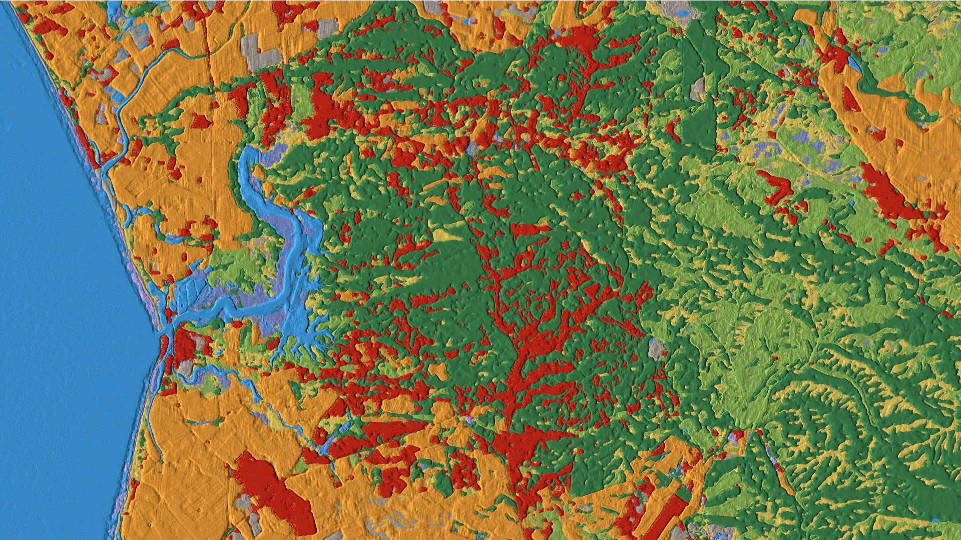 A gif shows land cover imagery from Dynamic World with different types of land cover all over the world indicated by red, orange, yellow, blue, green and purple.