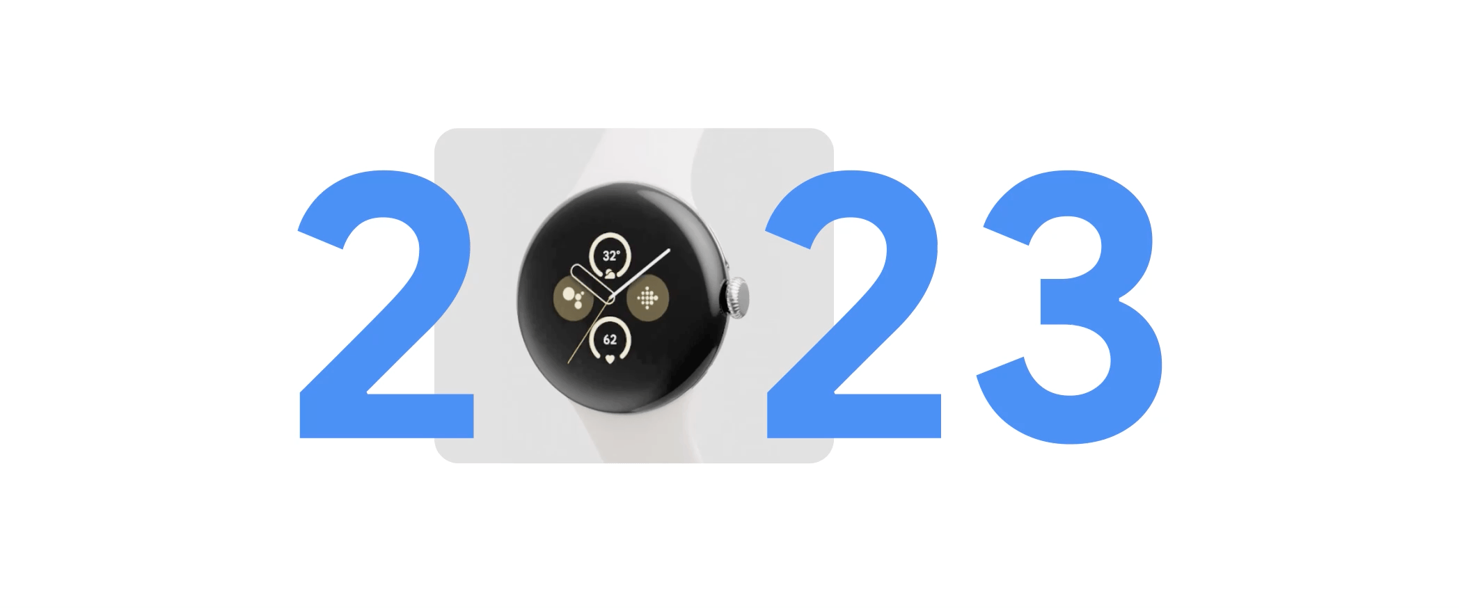The numbers “2023” but the zero is substituted for an animated gif of rotating images, including a person running wearing a Google Pixel Watch 2, people using a Pixel Fold, an overheard image of Google Maps, a Pixel Tablet, the Android icon, etc.