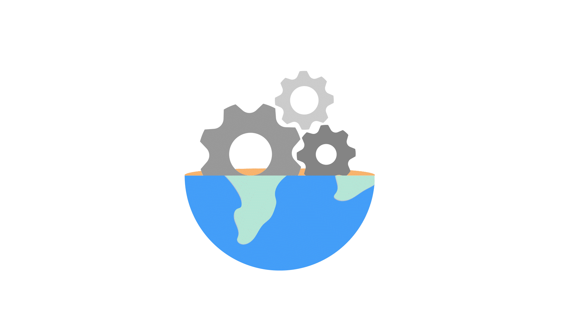 Animation of a globe with three gears turning.
