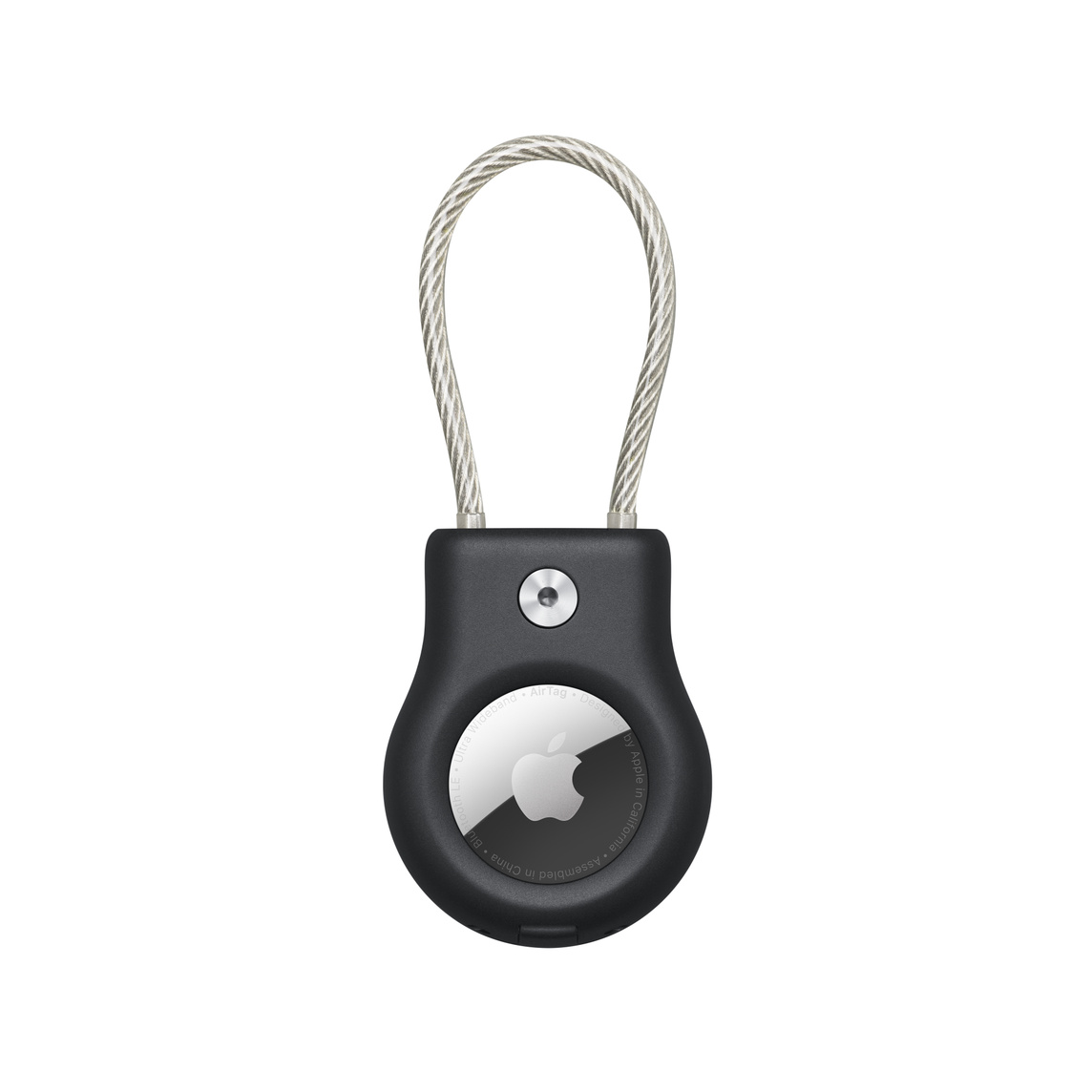 Svart Belkin Secure Holder med vaierlås med en AirTag sikkert på plass og synlig Apple-logo.