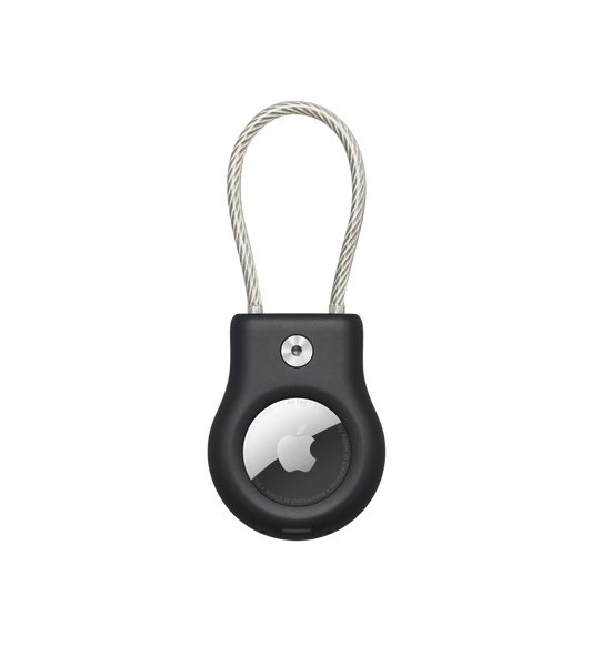 Der Belkin Secure Holder mit Draht für AirTag in Schwarz mit eingesetztem AirTag und sichtbarem Apple Logo.