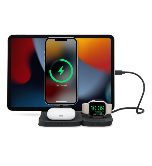 Bezprzewodowa ładowarka modułowa Zens 4-in-1 podczas ładowania iPada, iPhone’a, słuchawek AirPods i zegarka Apple Watch.