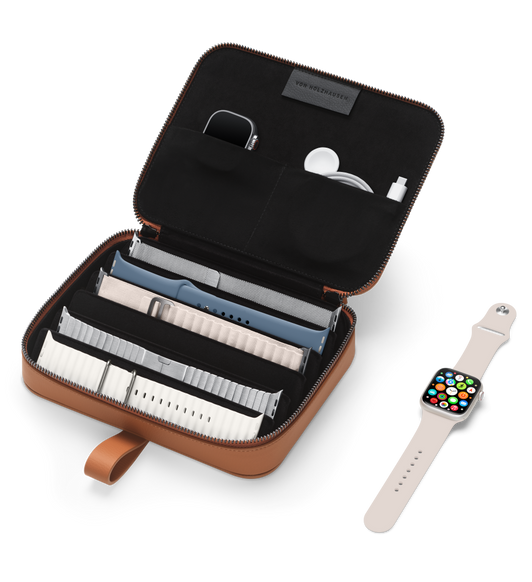 The von Holzhausen Watch Strap Portfolio neatly displays, organises and transports your Apple watch straps and accessories.