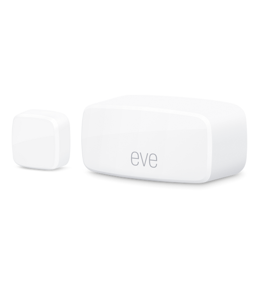De kompakte trådløse Eve-kontaktsensorer til døre og vinduer, Matter-udgaven, med et tydeligt eve-logo.