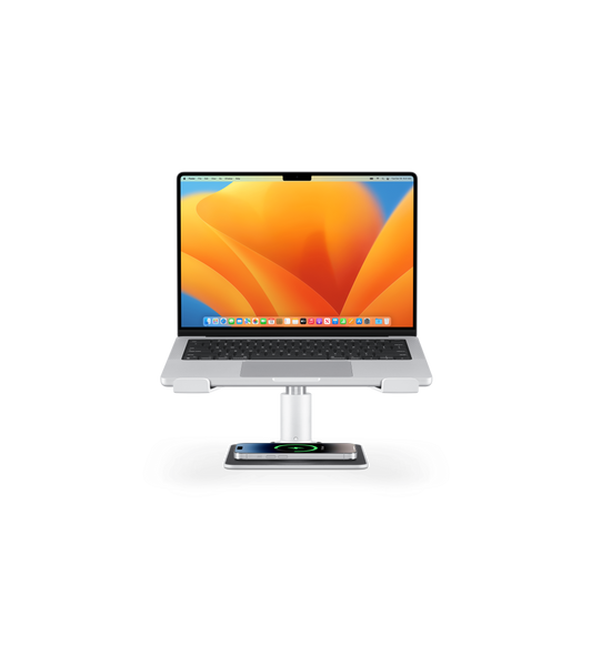 Support réglable HiRise Pro de Twelve South avec un MacBook ouvert et un iPhone en cours de charge en dessous.