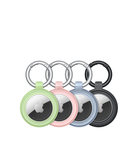 Fire OtterBox Lumen Series-etuier beskytter AirTags med Apple-logo i midten, i grøn, lyserød, blå og sort.