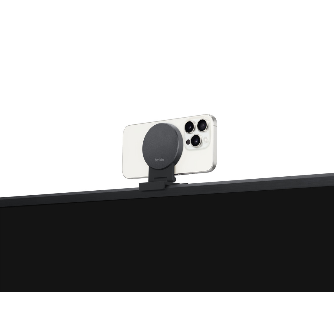 Der Belkin iPhone Mount (MagSafe kompatibel) für Fernseher oder Displays hat eine robuste Halterung für FaceTime Anrufe, Videokonferenzen und mehr.