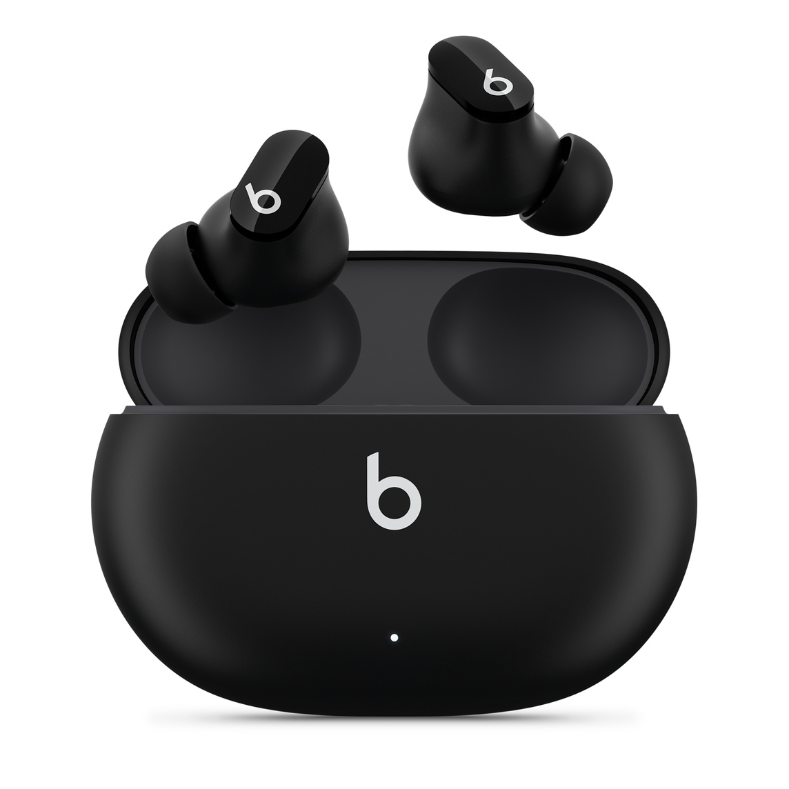 De echt draadloze Beats Studio Buds-oortjes met ruisonderdrukking in zwart met Beats-logo, boven de handige oplaadcase.
