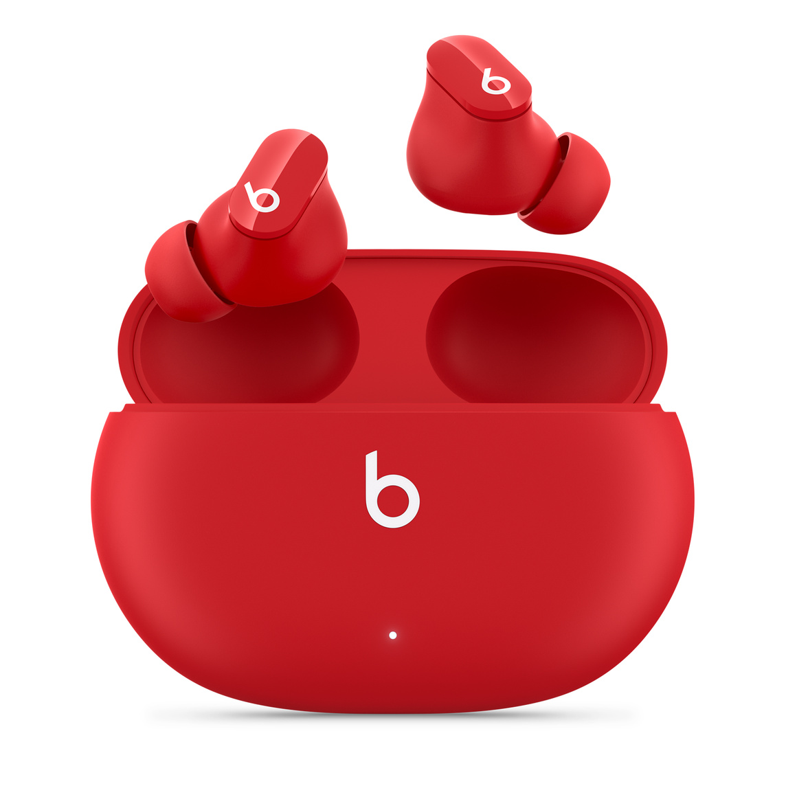 Beats Studio Buds True Wireless zajszűrős fülhallgató piros színben, Beats-emblémával, alatta a praktikus töltőtok.