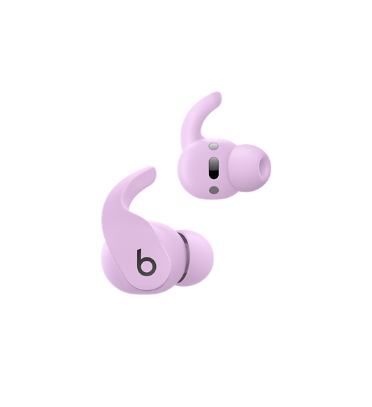 Trådløse Beats Fit Pro-øretelefoner i farven lava-lilla, der viser on-ear-betjeningsfunktioner til at styre opkald og musik. 