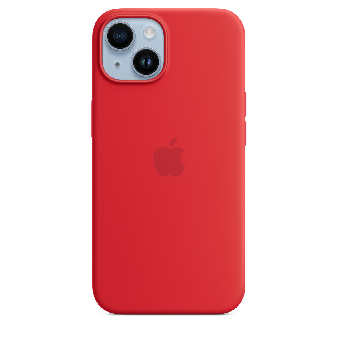 iPhone 14 Silicone Case with MagSafe in (PRODUCT)RED, with iPhone 14 in Blue.