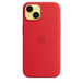 Silikonowe etui z MagSafe z edycji PRODUCT(RED) do iPhone’a 14 założone na iPhone’a 14 w kolorze żółtym.