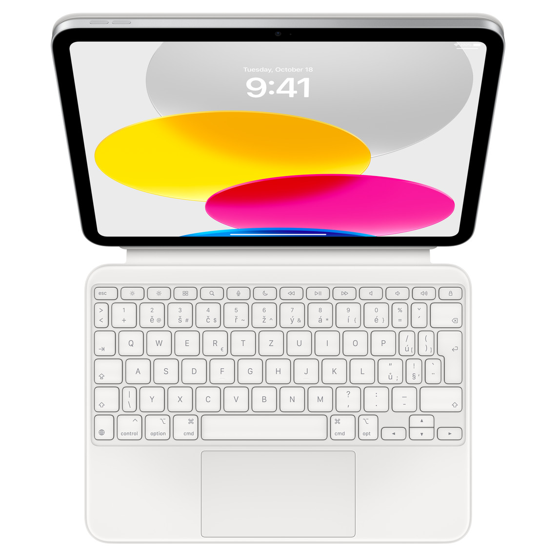 Pohled shora na iPad s připojeným Magic Keyboard Foliem ve vodorovné poloze. Display zobrazující barevnou grafiku tvořenou kruhy.