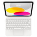 Bovenaanzicht van een iPad waarop een Magic Keyboard Folio is vastgeklikt. Op het scherm staan afbeeldingen van gekleurde cirkels.