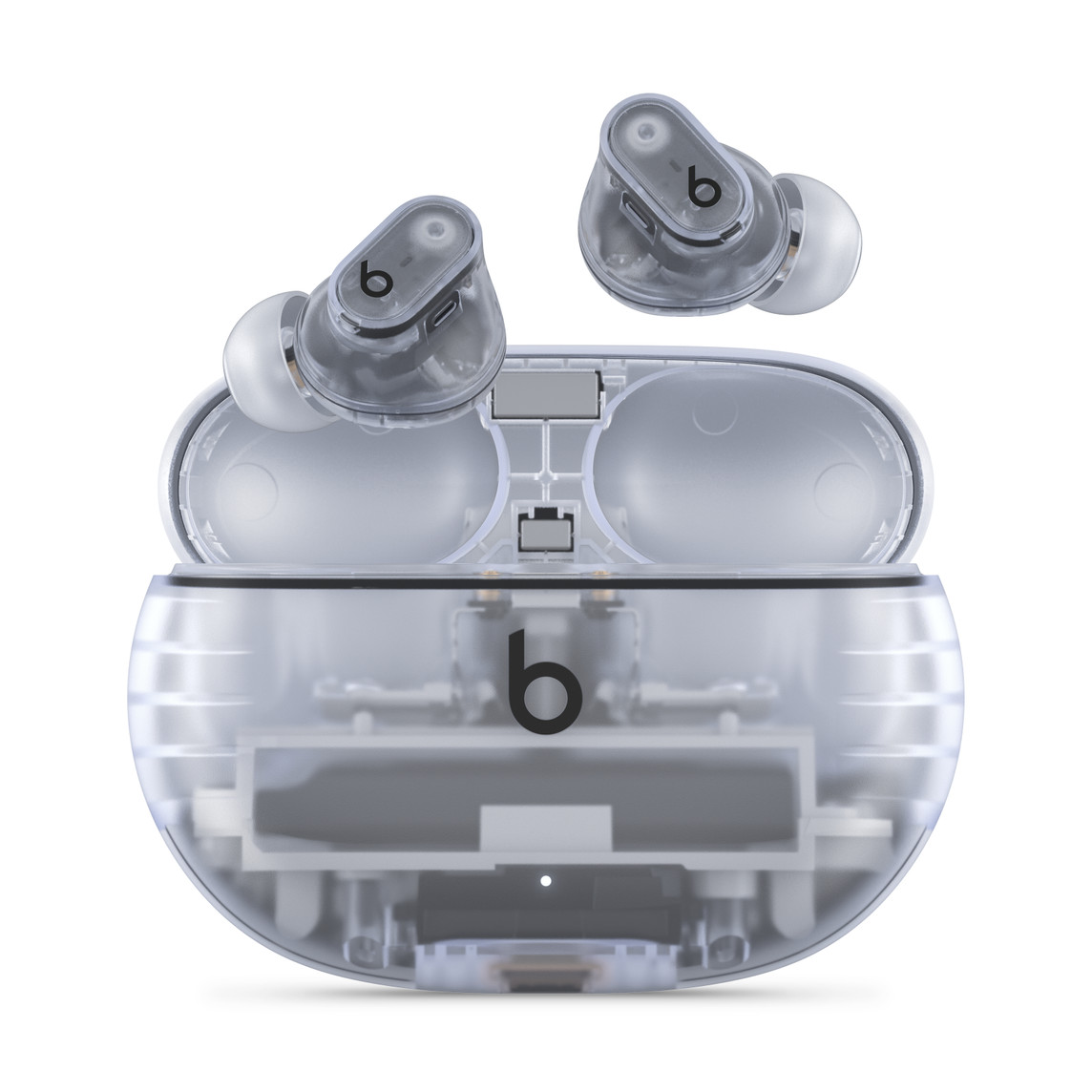 Beats Studio Buds +, fuldstændigt trådløse, støjreducerende øretelefoner i gennemsigtig med Beats-logo, ovenover praktisk opladningsetui.