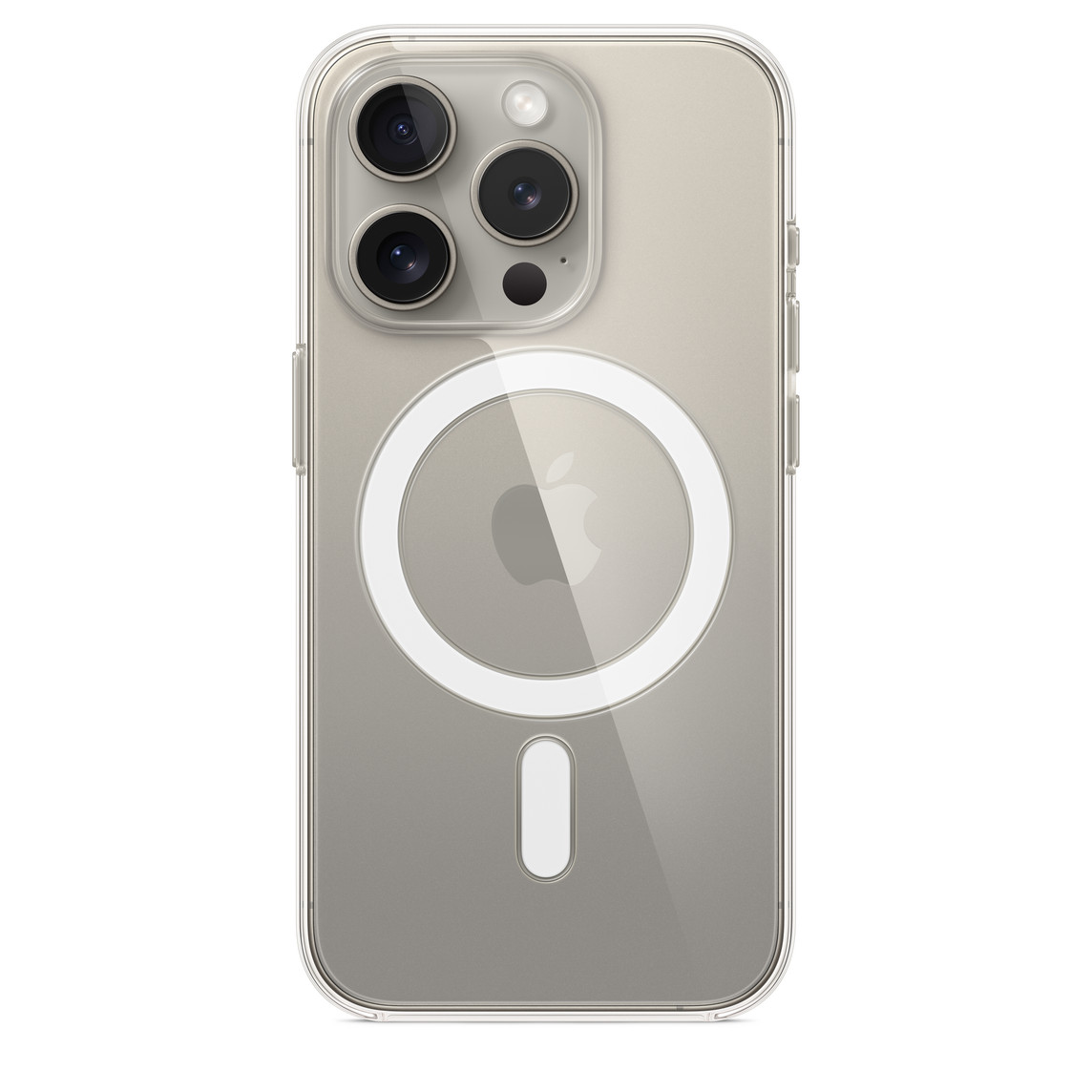 Un iPhone 15 Pro in titanio naturale con la custodia MagSafe trasparente.