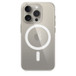 iPhone 15 Pron kirkas kuori MagSafella, kiinnitettynä luonnon­titaanin väriseen iPhone 15 Prohon.