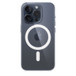 iPhone 15 Pron kirkas kuori MagSafella, kiinnitettynä sinititaanin väriseen iPhone 15 Prohon.