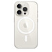 iPhone 15 Pro için MagSafe özellikli Şeffaf Kılıf, Beyaz Titanyum iPhone 15 Pro’ya takılı.