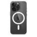 iPhone 15 Pron kirkas kuori MagSafella, kiinnitettynä mustan titaanin väriseen iPhone 15 Plussaan.