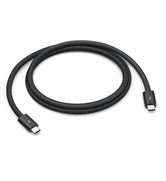 Sort flettet Thunderbolt 4 Pro-kabel (1 meter), der kan rulles op uden at filtre sammen. Det kan overføre data med op til 40 gigabyte pr. sekund.