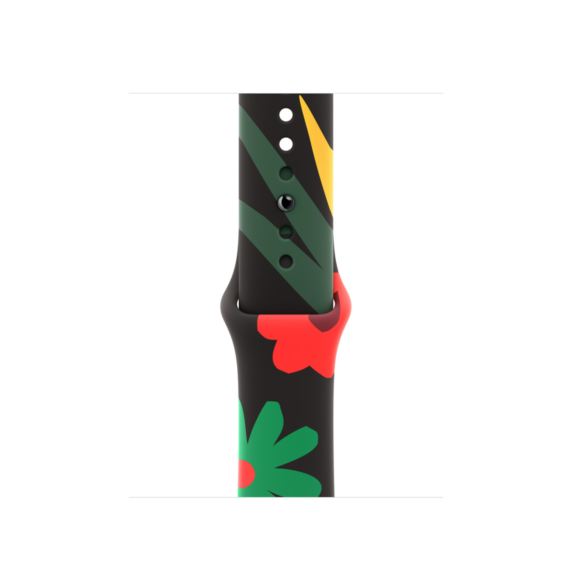 Black Unity Sportarmband in Unity Bloom, akzentuiert mit illustrierten Blumen in verschiedenen Formen und Größen, gezeichnet in einem einfachen Stil in den Farben Rot, Grün und Gelb, Pin‑Verschluss.