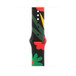 Bracelete desportiva Black Unity no padrão Unity Bloom, com flores ilustradas de diferentes formas e tamanhos desenhadas num estilo simplista em diferentes tons de vermelho, verde e amarelo, fecho de clip.