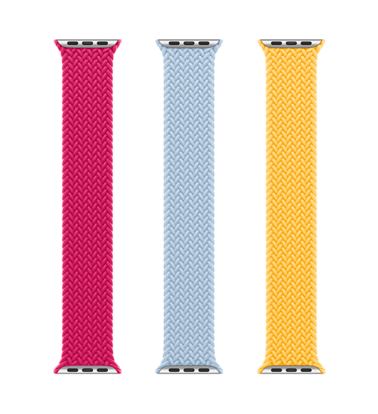 Plecione opaski Solo w kolorze maliny (różowym), jasnoniebieskim i promiennym (żółtym) z plecionego poliestru i przędzy silikonowej bez sprzączki i klamry