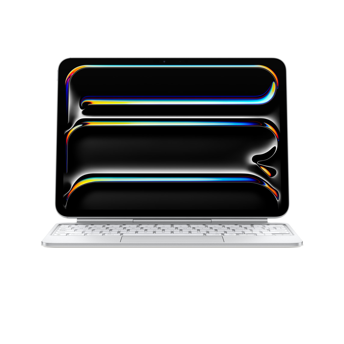Fekvő tájolású iPad Pro egy Magic Keyboardhoz rögzítve, az iPad Pro benyúlik a billentyűk fölötti térbe, fehér