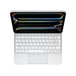 iPad Pro egy Magic Keyboardhoz rögzítve, fehér, fehér billentyűk szürke betűkkel, fordított T alakban elrendezett nyílbillentyűk, funkcióbillentyű-sor, beépített érintőpad