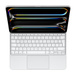 iPad Pro attached to Magic Keyboard, White, white keys with grey text, inverted T arrow keys, function key row, built-in trackpad