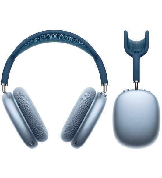 Widziane z przodu AirPods Max w kolorze błękitnym obok widzianej z boku obudowy słuchawek AirPods Max.