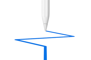 Punt van een Apple Pencil waarmee een smalle, hoekige blauwe lijn wordt getekend