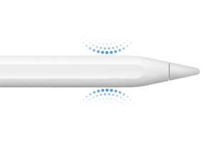 Az Apple Pencil szárának hegyhez közelebbi vége, kék pöttyös mintázat mutatja, hol szorítható meg