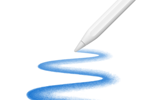 Gekantelde punt van een Apple Pencil waarmee een golvende, brede, blauwe lijn wordt getekend