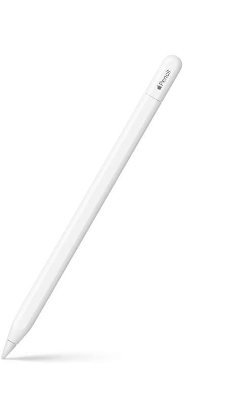 Fehér színű USB-C-s Apple Pencil, melynek kupakjára az Apple Pencil nevet gravírozták, ahol az Apple szót az Apple-logó jelképezi