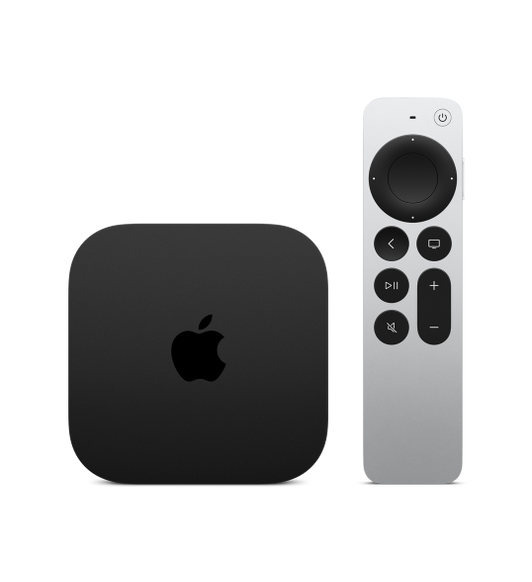 Widok urządzeń ustawionych obok siebie. Czarne kwadratowe urządzenie Apple TV 4K z zaokrąglonymi rogami. Przód pilota Apple TV Remote z okrągłym czarnym panelem reagującym na dotyk i wypukłymi przyciskami.