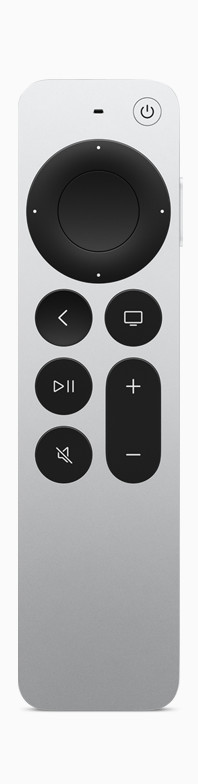 Siri Remote, silbernes Aluminiumgehäuse. Touch-basiertes Clickpad, hervorstehende, kreisförmige Tasten.